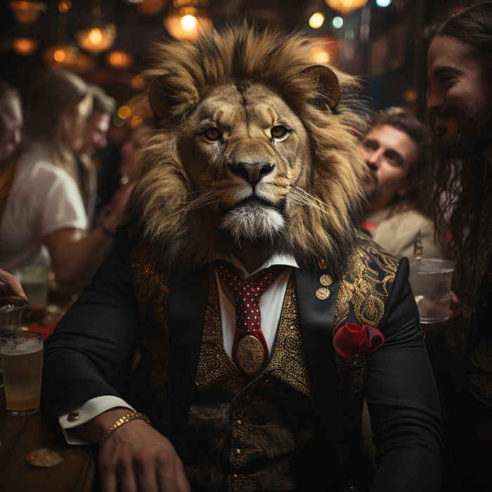 an anthropomorphized Leo the Lion in a bespoke suit, sitting at a bar, looking into the camera
